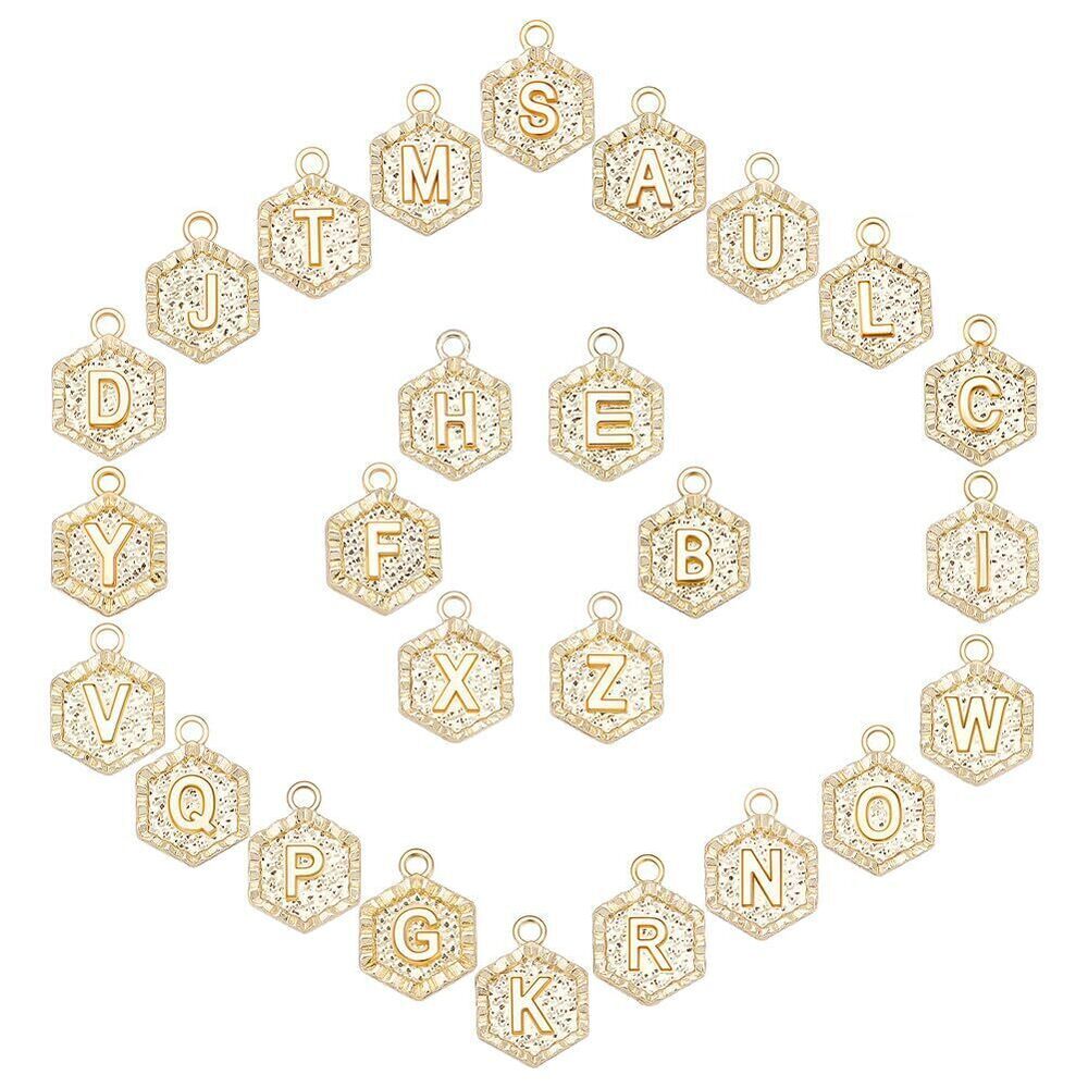 4260 1 Box 26Pcs Real 18K Gold Plated Hexagon Letter Charms Bulk Alphabet